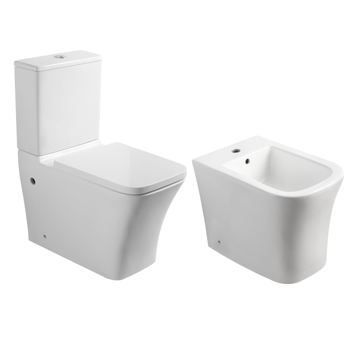 Wc Inodoro Completo Compacto Adosado a Pared Cuadrado con Sistema Rimless | Wc Completo con Salida Dual y Asiento Amortiguado + Bide
