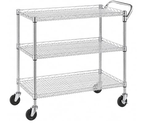 Heavy Duty 3 Tier Rolling Utility Kitchen Cart on Wheels,Large 45'L x 17 1/2'D x 45'H Metal Serving Cart Commercial Grade with Wire Shelving and Handle Bar for Office School Church Kitchen Hardware