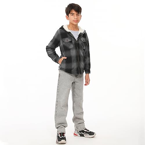 Image of ThCreasa Boys Plaid Flannel Jackets Sherpa Lined Zip Up Long Sleeve Warm Flannel Shirt with Hood
