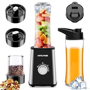 KITCANIS 3-in-1 blender smoothie maker, 800 W mini blender elektrisch, 3 instelbare snelheden, 2 x 600 ml draagbare fles en 300 ml maalbeker voor ijs, fruit, groenten, noten