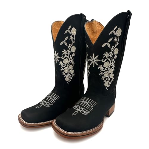 Womens Leather Square Toe Embroidered Western Cowboy Boot2