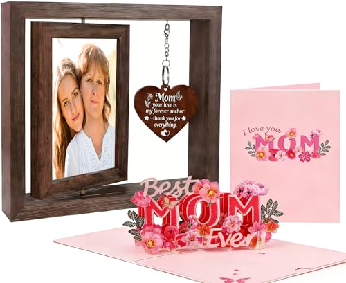 BOUTIKS Holz-Fotorahmen als Geschenk zum Muttertag – 4 x 6 Zoll, beidseitig drehbar – mit 3D-Pop-up-Grußkarte – Geschenk für Mama zum Geburtstag, zu Weihnachten und zum Erntedankfest (braun, Mutter)