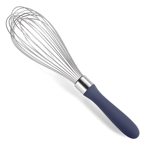 Doosu Batidor de globo: Batidor de cocina de acero inoxidable 18/8 para cocinar, batidor manual con 12 alambres resistentes y mango de silicona antideslizante para batir y mezclar (30cm, Azul Noche)