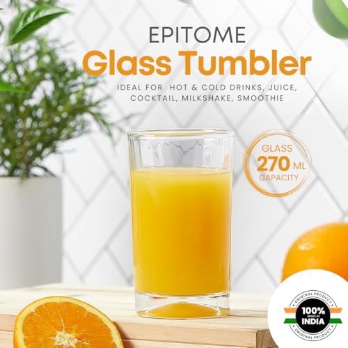 Image of Yera Epitome Glass Tumbler Transparent 270 ml Set of 6 Hot & Cold Drinks, Juice, Cocktail, Milkshake, Smoothie | Ideal for Home, Party, Restaurant, Gifting | Special Occasions.