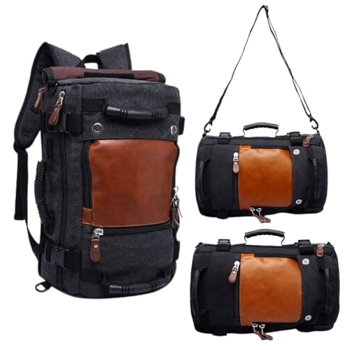 BANGE Mochila Masculina Impermeável 35L de Lona e Couro Premium para Viagem Camping Trilha e Acampamento com Diversos Compartimentos e Alta Resistência (Preto)