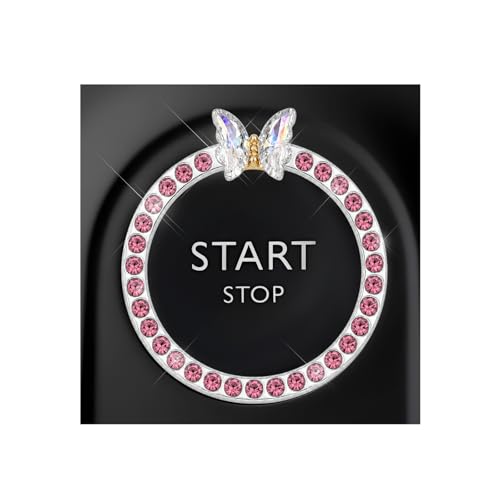 Image of DXNQ Bling Ring Emblem, Sparkling Butterfly Car Buttons and Knobs Ring, Girly Butterfly Diamond Car Engine Start Button Cover, Key Ignition Knob Rings Decoration for Women (Pink, Single Row)