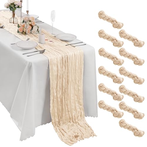 Bailarina 12 Pack Cheesecloth Table Runner 17x108 Inch Long Gauze Cheese Cloth 9ft Wrinkled Sheer Table Runner for Wedding Reception Birthday Party Table Decoration (Ivory)