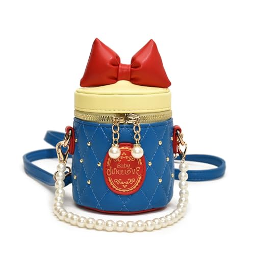 Vinfolio Little Girls Purse Beaded Mini Bucket Bag Crossbody with Pearl Chain Princess Girl Purse for 3-8 Years Birthday Gift(PU Leather) (Blue)