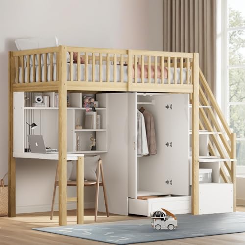 Sapgaks Lit superposé enfan 90x200 avec Armoire,lit Mezzanine 2 Places avec Bureau,lit Enfant Fille avec barriereé,Mezzanine escalier rangements,Bois Blanc