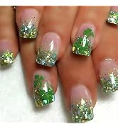 24 Pcs St. Patrick's Day Press on Nails Glitter French Tip Fake Nails Square Short False Nails wi...