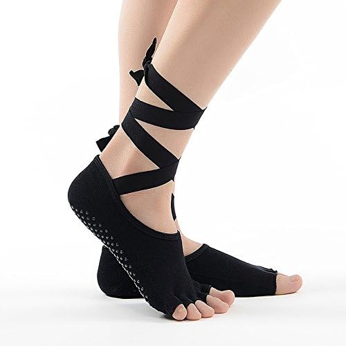 sQtar Non Slip Skid Toeless Grip Exercise Half Toe Low Cut Cotton Ankle Socks with Silk Ribbon for Women Girl Barre Pilates, One Size (Black)