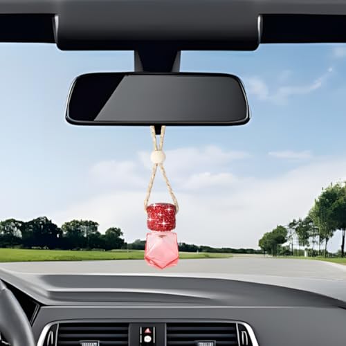 Image of Bling Car Hanging Bottle, 2PCS Crystal Rhinestone Empty Clear Vehicle Essential Diffuser Glass Pendant with Wooden String, Diamond Auto Interior Oil Vase Decor, Universal Fit (Red)