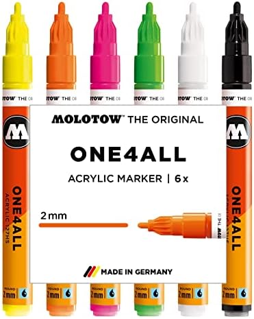 Molotow One4All 127HS Acryl Marker Neon-Set (2,0 mm Strichstärke, hochdeckend und permanent, UV-beständig, für fast alle Untergründe) 6 Stück sortiert