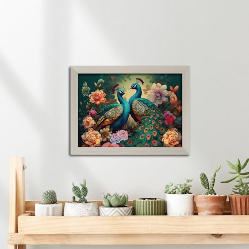 Image of TenorArts Peacock Love Birds Photo Frame Vastu Positivity Aesthetic Wall Painting Lucky Couple Art Frames with White Wooden Texture for Living rooms Office Bedroom - Wall Paintings / Hangings (12inches x 9inches)