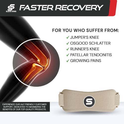Image of Sleeve Stars Swedish Brand Patellar Tendon Support Strap for Women & Men Effective Osgood Schlatter Knee Brace Youth & Kids Knee Brace with 3 Adjustable Length fits 7 inch-15 inch (Single /Beige /Kids)