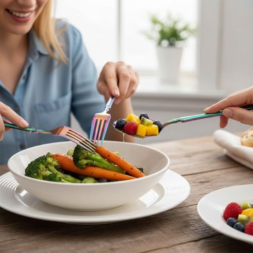 Image of Elegant Handle Rainbow 30 Pcs Stainless Steel Cutlery Set for Dining Table, Dishwasher Safe Glossy Flatware (6 Spoon Set+6 Forks Set+6 Butter Knife+6 Dessert Spoon+ 6 Fruit Fork)