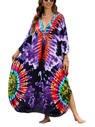 Image of IMAGEKOPE Women's Plus Size Animal Print V-Neck Batwing Kaftan Beach Dress Bathing Suit Cover-Up Loungewear