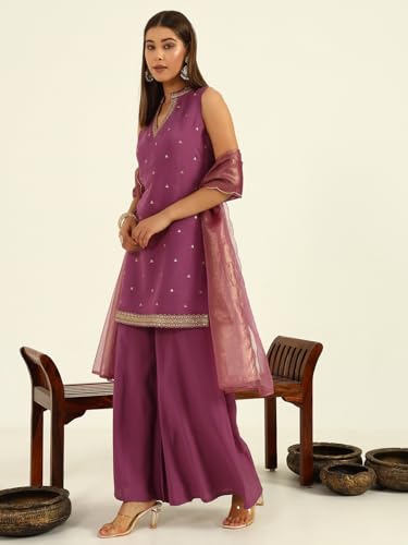 Image of FIORRA Women's Lavender Viscose Chanderi Straight Kurta with Palazzo and Dupatta