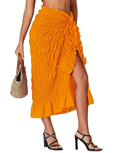 Umenlele Women's Smocked Ruched Tie Knot Ruffle Beach Sarongs Swimsuit Cover Up Split Maxi Skirt - Image 5