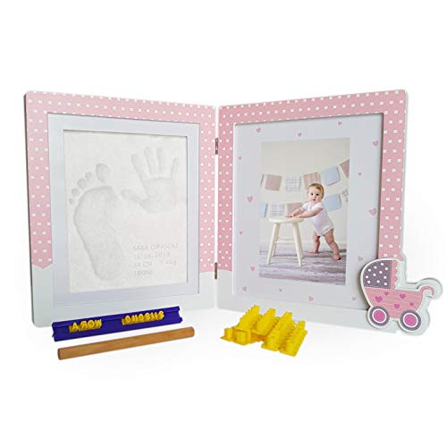 MeoBebeo, KIT Cornice Impronte Neonato Rosa PERSONALIZZABILE, Idea regalo Neomamma per Gravidanza, Nascita o Battesimo. Quadretto con stampo manina e piedino + kit per personalizzare…