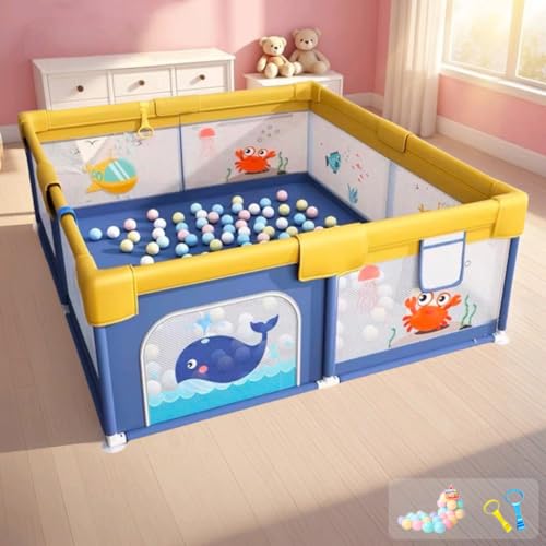 Image of Dawnwake Playpen for Babies up to 5 Years Playard with Pit Balls and Anti-Fall Grasp Rings, Kids Activity Center with Safety Lock (No Mat, Non-Foldable, 150x180 cm) - Blue