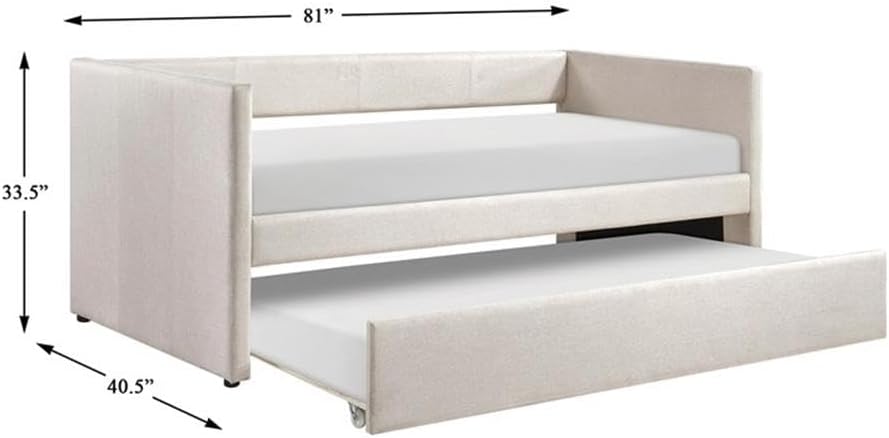 Pemberly Row Textured Fabric Daybed with Pull-Out Trundle, Beige Upholstery, Wood Frame, 300 lb Capacity, Modern Style Twin Mattress Platform for Bedroom or Guest Room