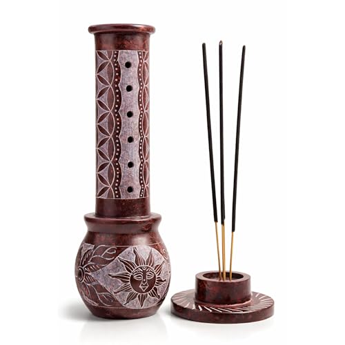 Image of Marble Soapstone Incense Holder, Red, 3x3x10 Inches | Handmade, Sunshine Design, Round Carving, Candle Burner, Tea Light Holder
