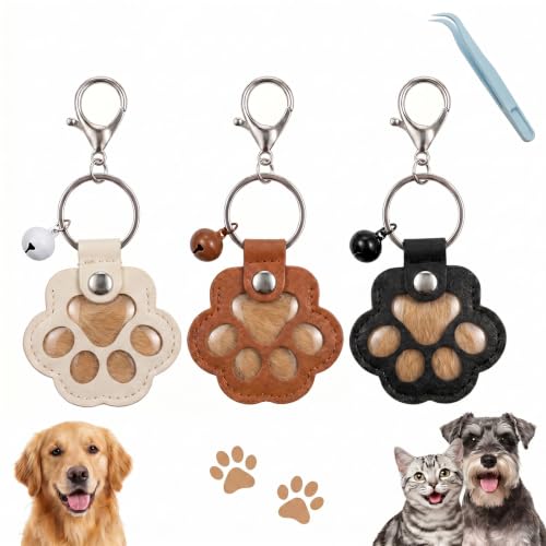 Shmidgoo Cat Dog Hair Keychain Pet Fur Keepsake, Paw Shape Pet Hair Memorial Keychain with Bell & Tweezers, Leather Dog Hair Keepsake Keyring, Dog Hair Collector Keychain Gift for Pet Lovers