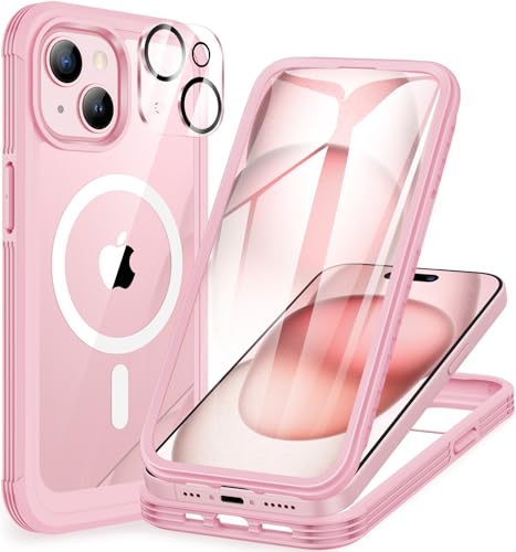 CENHUFO Funda Magnética iPhone 15, Compatible con MagSafe, Integrado [9H HD] Cristal Templado Protector Pantalla y Protector cámara, 360 Grados Antigolpes Carcasa Militar Capa Doble Case - Rosa