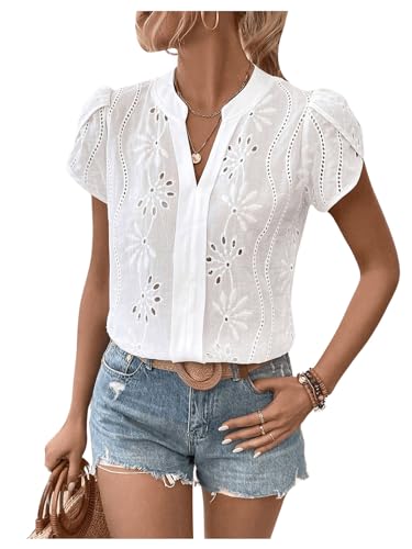 SweatyRocks Women's Embroidered Eyelet Tops Floral Summer Puff Sleeve Dressy Casual Blouses V Neck T Shirt