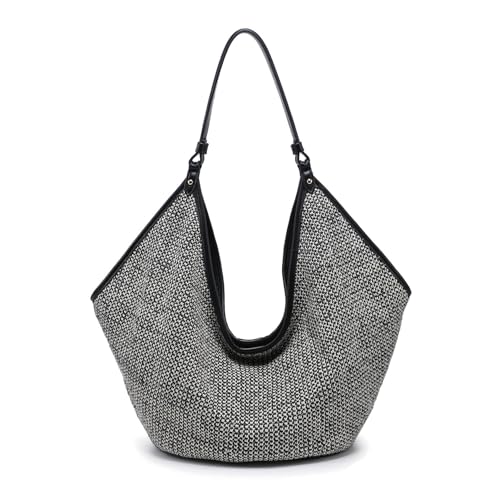Bolso Hobo tejido para mujer con cierre seguro negro y blanco miniatura 1