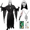 viallolipa Halloween Ghostface Costume Kids with Ghost Face Mask, Toy Knife, Belt, Skeleton Necklace and Fluorescent Stickers, Horror Movie Ghost Face Costumes Boys Girls for Cosplay