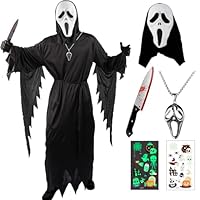 Ghostface Costume Adult, Ghost Face Terrifier Costumes Set with Mask, Toy Knife, Belt,Skeleton Necklace,Fluorescent Stickers, Horror Movie ghostface Outfit for Halloween Cosplay