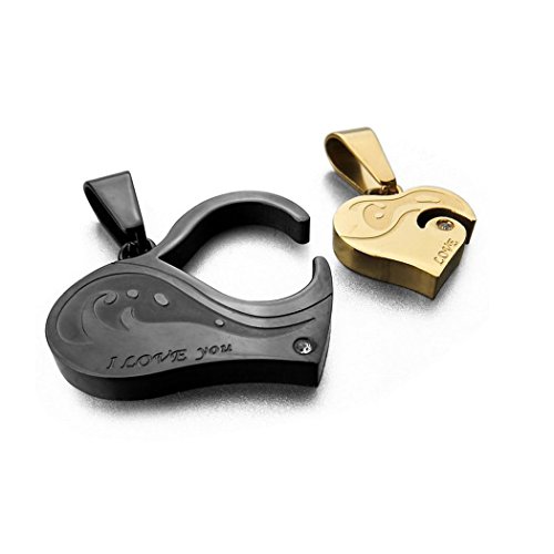 Men,Women's "I Love You" 2PCS Stainless Steel Pendant Necklace Black Gold Heart Love Valentine's Couples His & Hers Set Charm -with 20 and 23 inch Chain