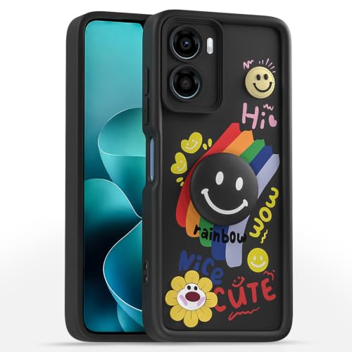 Image of Pikkme Back Cover for Motorola Moto G06 Power | Soft Silicone| Cute Rainbow Smile & 3D Cartoon Flower Design | Shockproof Raised Camera Protection Bumper Case (Black)