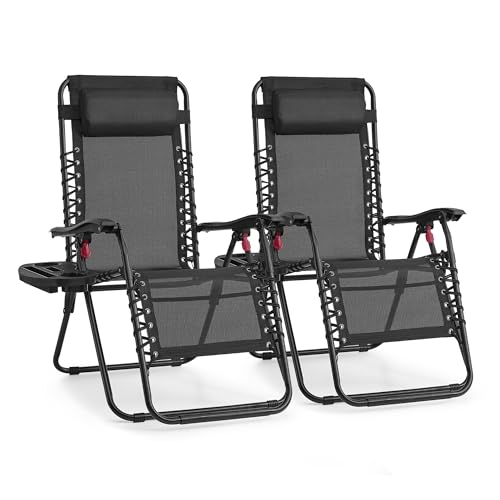 SONGMICS Juego de 2 Tumbonas Plegables, Sillas de Gravedad Cero, Tumbonas Reclinables, Carga de 110 kg por Silla, Reposacabezas Ajustable, Bandeja, para Terraza, Jardín, Negro GLB032BZ02