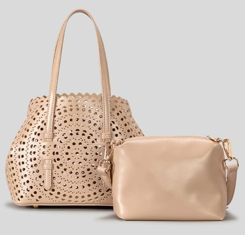 Image of Womens Hollow Vegan Leather Tote Bag Small Summer Beach Bucket Shoulder Purse Top Handle Handbag Crossbody Satchels