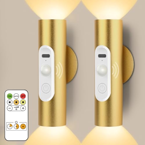 Applique Lampe Murale Sans Fil Intérieure avec Detecteur de Mouvement et Télécommande, Lampe LED de Lecture Chevet Sans Fil Rechargeable USB, Veilleuse...