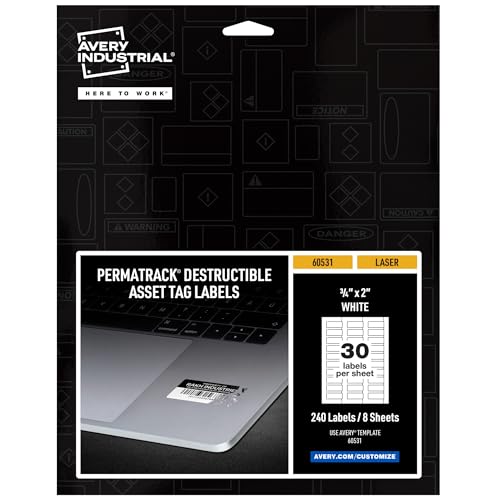 Image of Avery White Asset Tag Labels, 3 /4 inch x 2 inch, Destructible Laser Printable Tags, 240 Waterproof Labels (60531)