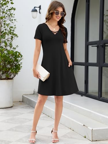 Image of KORSIS Women's Dresses Summer Casual T-Shirt Short Sleeve Criss Cross V Neck Swing Beach Vacation Sundress Dress with Pockets
