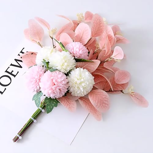 Image of Combo Set of Modern Geometric Vase and Premium Handmade Realistic Artificial Flower Bouquet for Living Room, Bedroom, Office & Gifting (Pink & White)