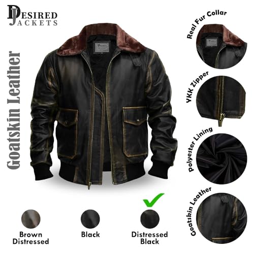 Image of Mens G-1 Fur Collar US Navy Flight Distressed Brown Aviator Genuine Leather Jacket