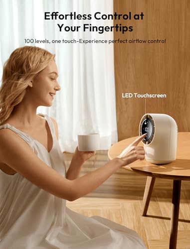 Image of Aecooly Touch Control Desk fan, 100 Speeds Quiet Digital Display Small Table Fan, 4000mAh Battery Powered Desktop Fan for Bedroom, Bedside, Office, Travel -Beige