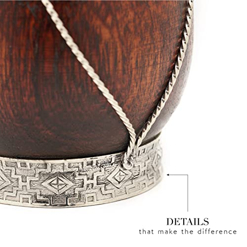 BALIBETOV Premium Yerba Mate Wood Gourd (Mate Cup) - Carob Wood with German Silver Details - Includes Stainless Steel Bombilla and Cleaning Brush (Brown)