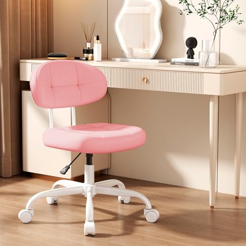 Image of Misolant Vanity Chair with Back, Small Armless Cute Office Chair with Wheels and Lumbar Support, Comfy PU Leather Desk Computer Chairs with Adjustable Height, 360Swivel for Home Bedroom Office, Pink