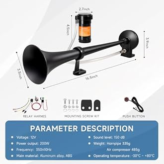 Train Horn for Truck 150db Super Loud Black Single Trumpet Truck Air Horn for Car with Compressor, Suitable for Any 12V Vehicles Cars SUV Ship Boat Lorry Pickup
