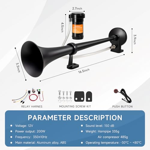 Train Horn for Truck 150db Super Loud Black Single Trumpet Truck Air Horn for Car with Compressor, Suitable for Any 12V Vehicles Cars SUV Ship Boat Lorry Pickup