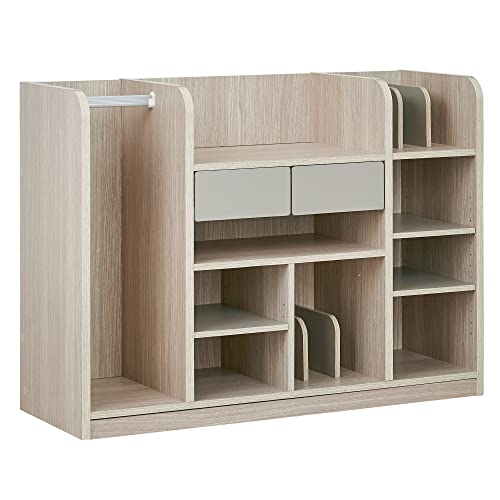 スマート・アイ(smart-i) ランドセルラック Halo wide 大容量 キャスター付き ハンガーラック 引き出し収納 リビングラック 木製 (幅124cm ワイドタイプ, ウッドベージュ/ウォームグレー)