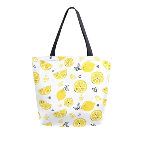 Cute Yellow Lemon Slice Canvas Tote Bag for Women with Zipper Pocket Reusable Grocery Shopping Bags Large Travel Shoulder Bag Handbag Bags