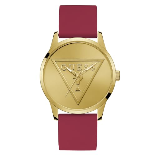 Guess - Reloj para hombre de 43 mm, correa de silicona roja, esfera dorada, tono dorado
